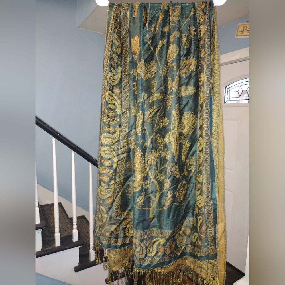 Sakkas Gianna Women Pashmina Wrap In Teal & Gold With Floral & Birds
